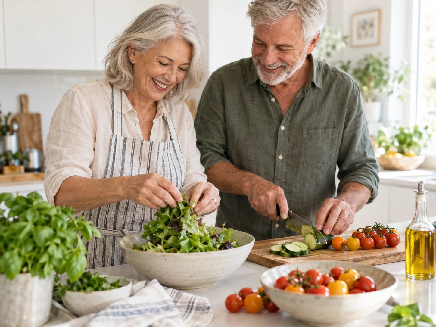 An older couple enjoying preparing a colourful lunch together