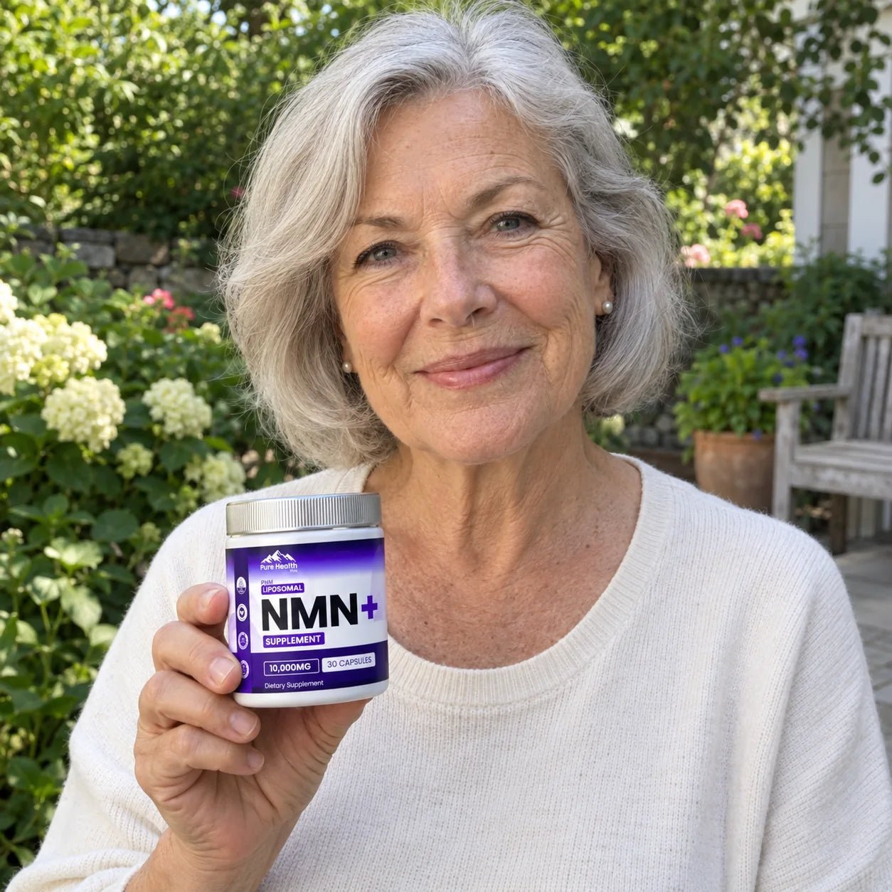 Illustrative photo of an older woman holding PHM NMN+ in a garden