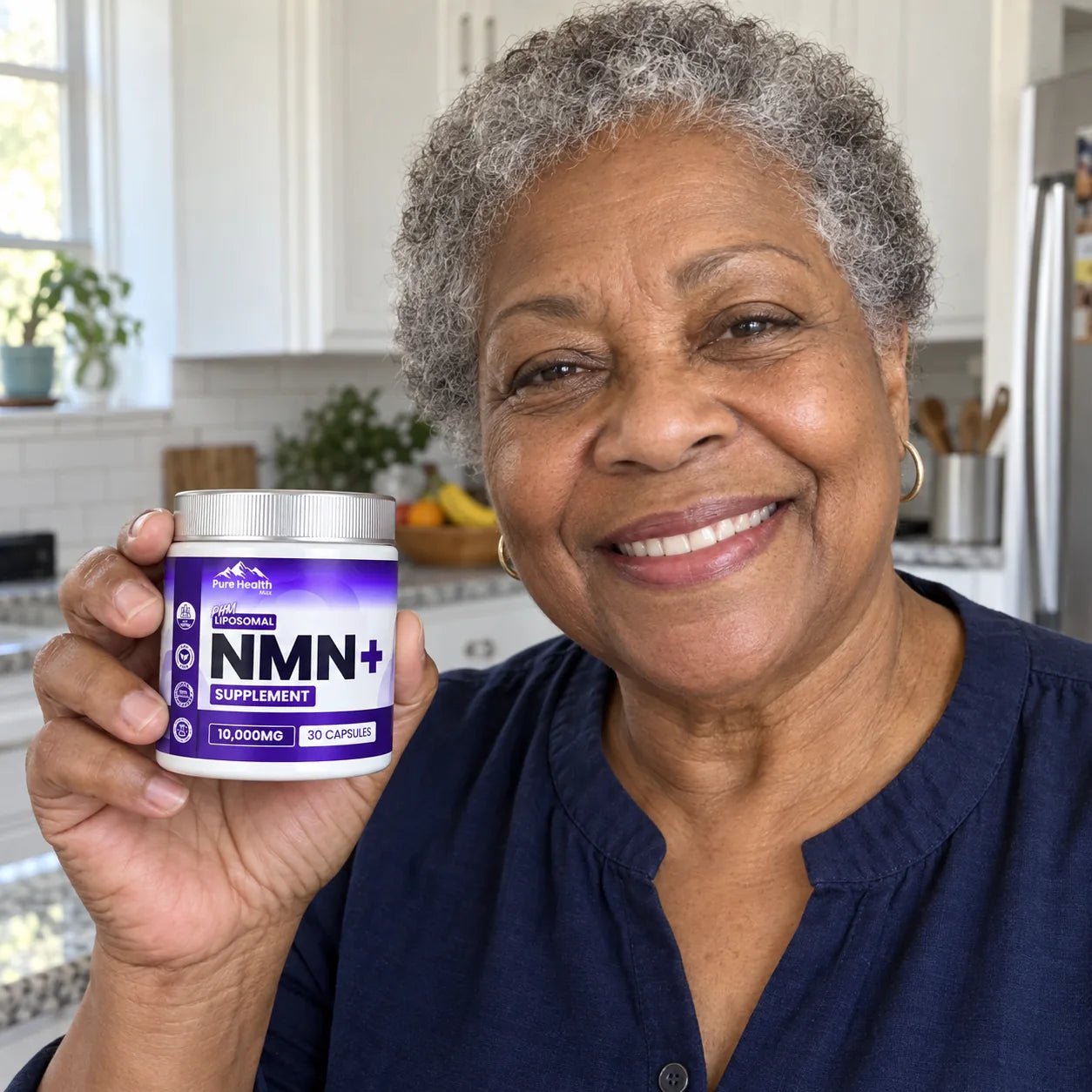 Illustrative photo of an older woman holding PHM NMN+ in a kitchen