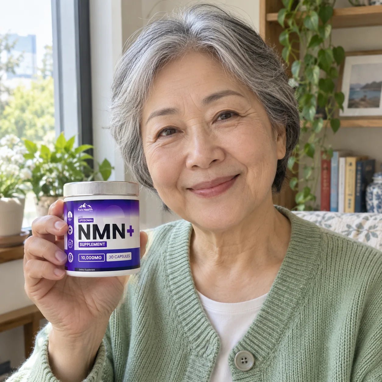 Illustrative photo of an older woman holding PHM NMN+ by a window