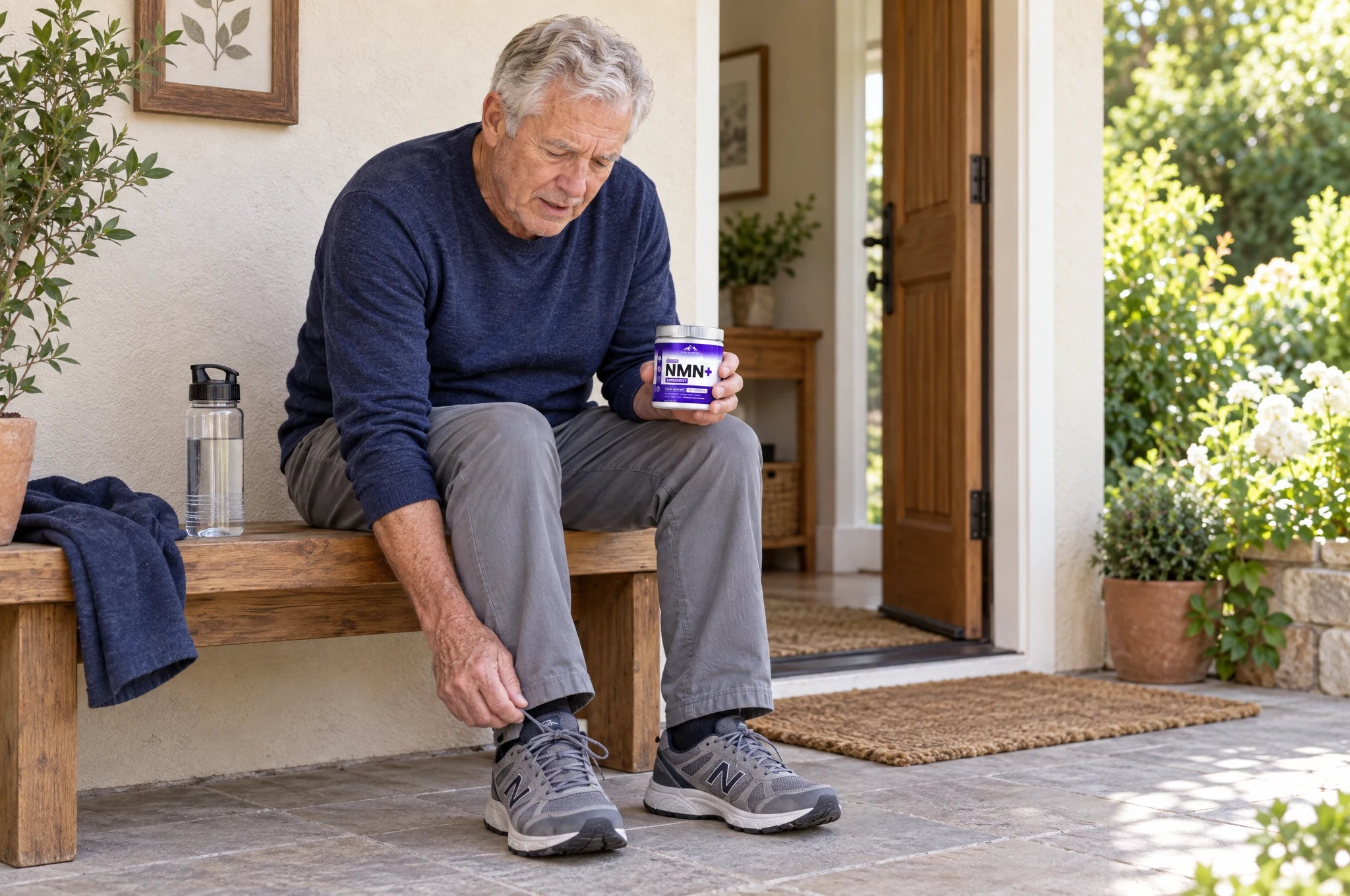 An older man pausing by a garden doorway beside walking shoes, water and PHM NMN+