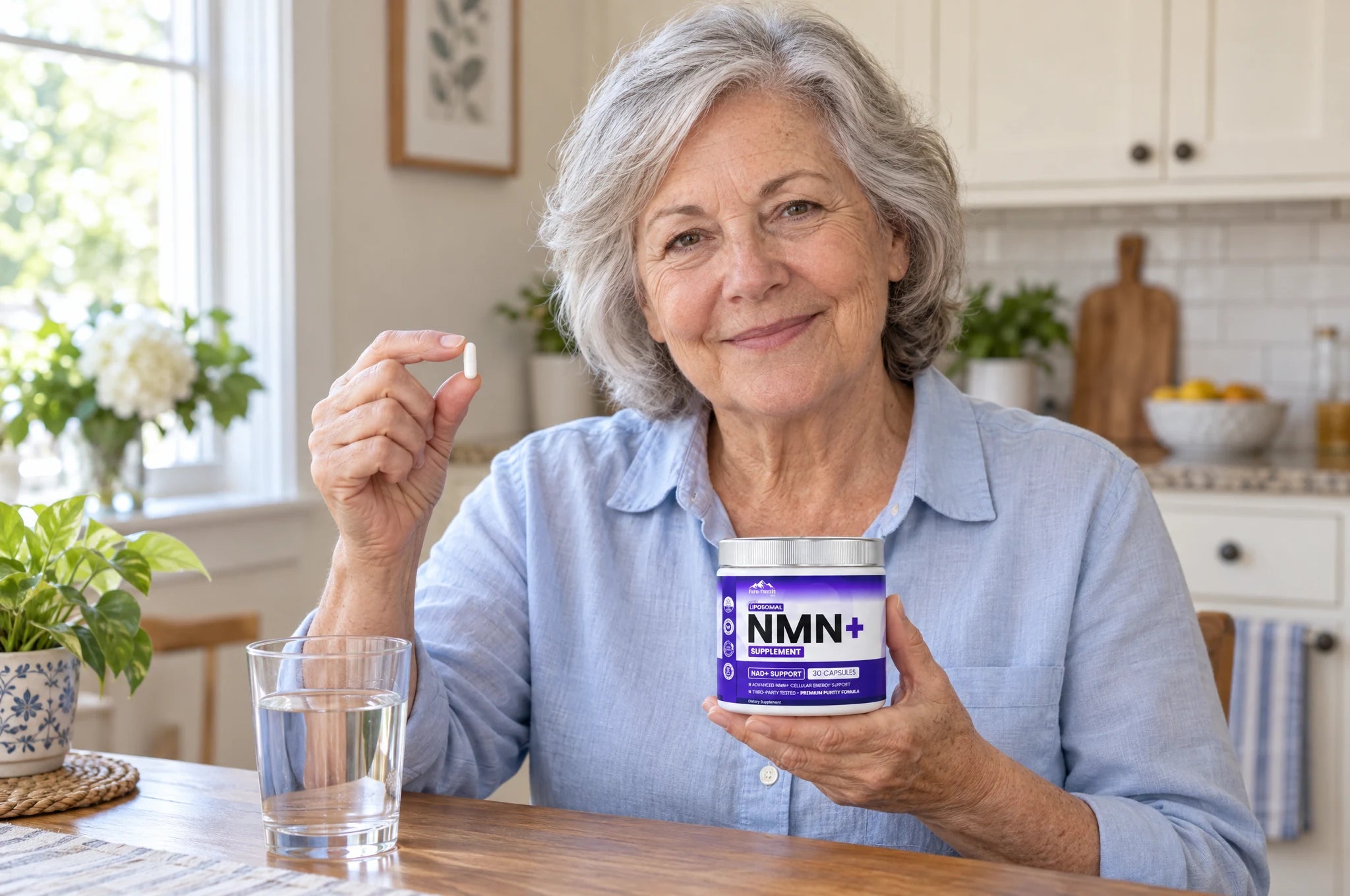 An older woman holding PHM NMN+ and one capsule at a clean kitchen table beside a glass of water