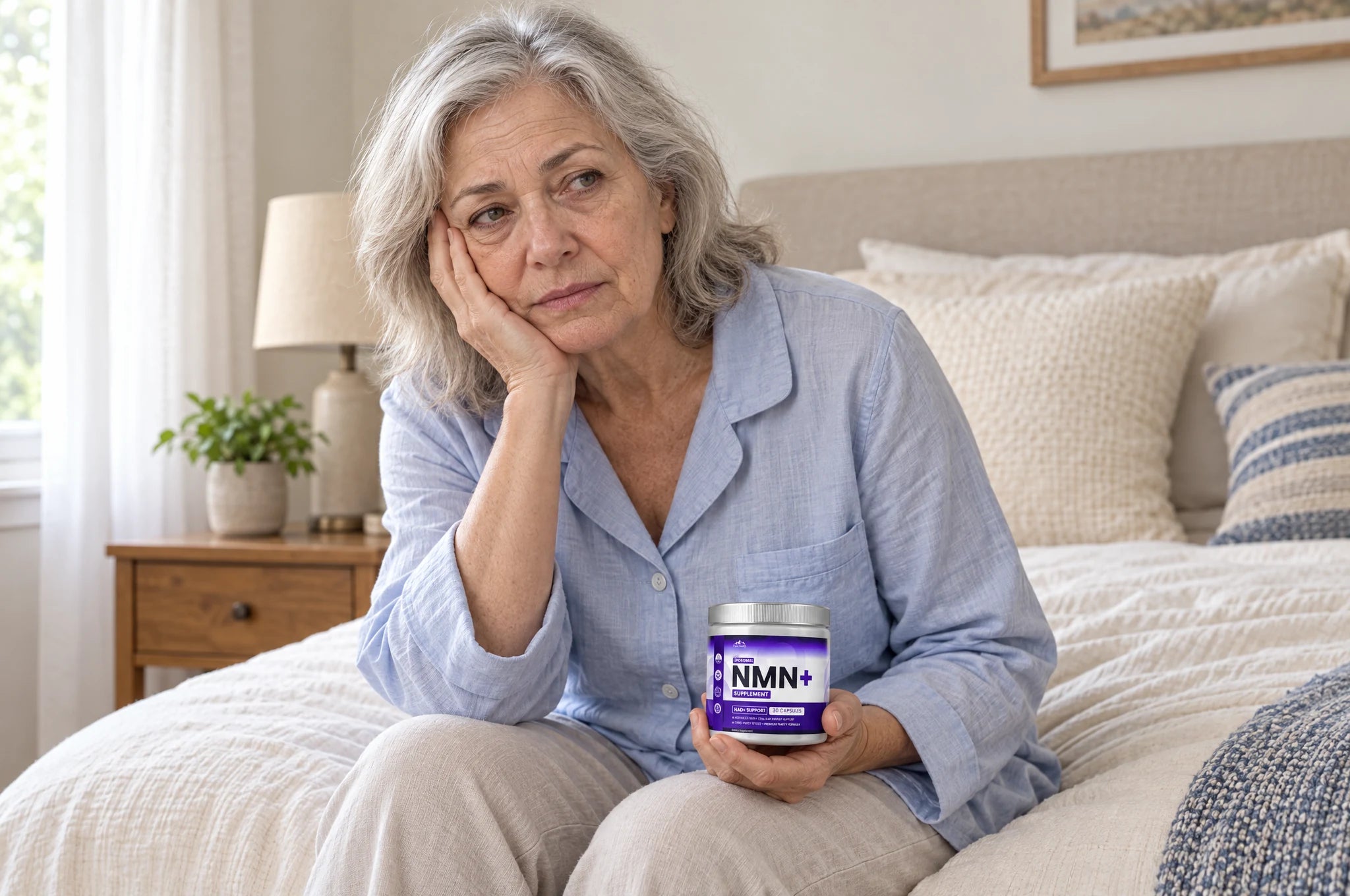 A woman in her sixties sitting on the edge of her bed after waking, holding PHM NMN+