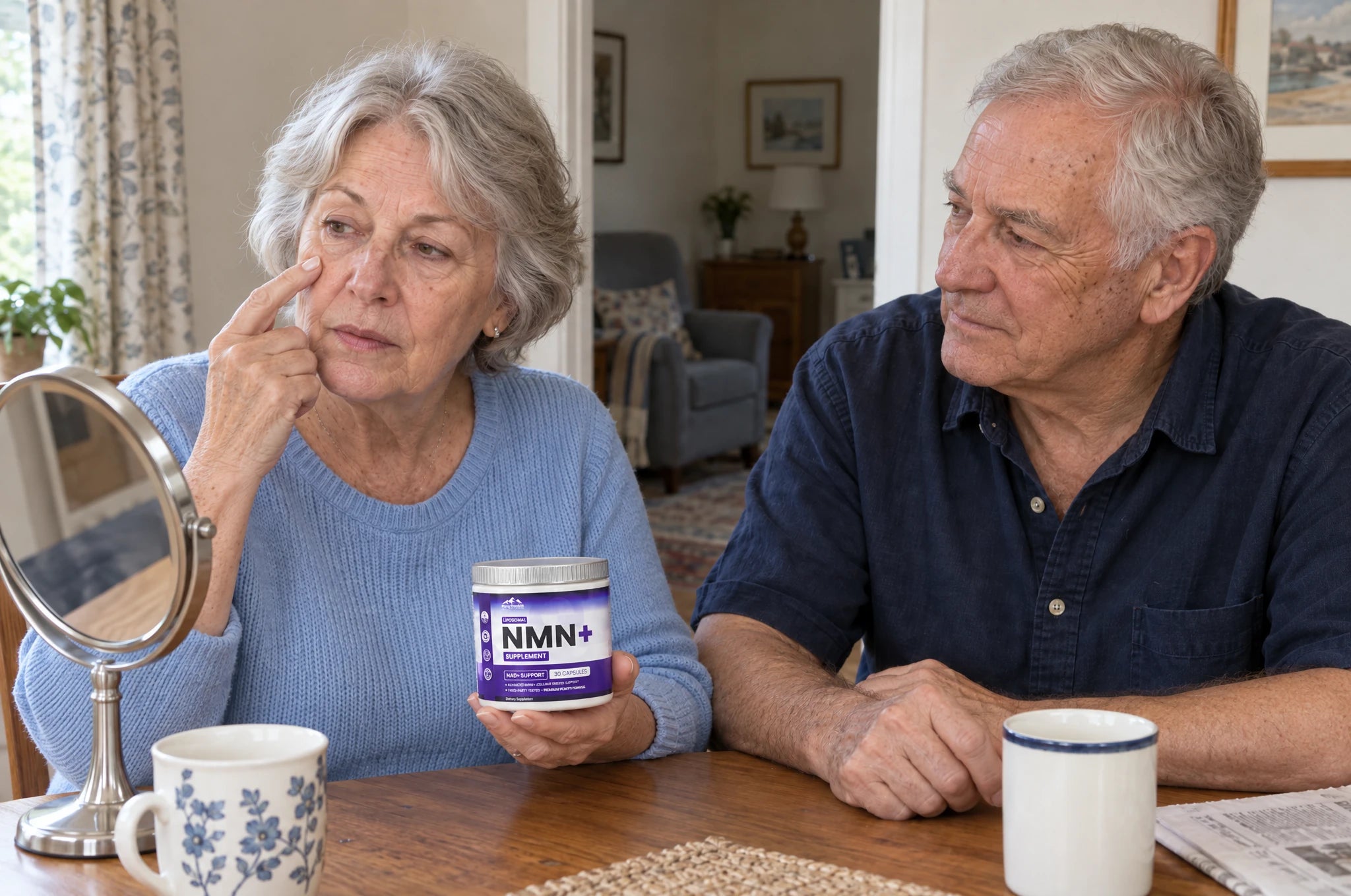 A woman in her sixties examining fine lines below her eye while holding PHM NMN+, with her older partner beside her