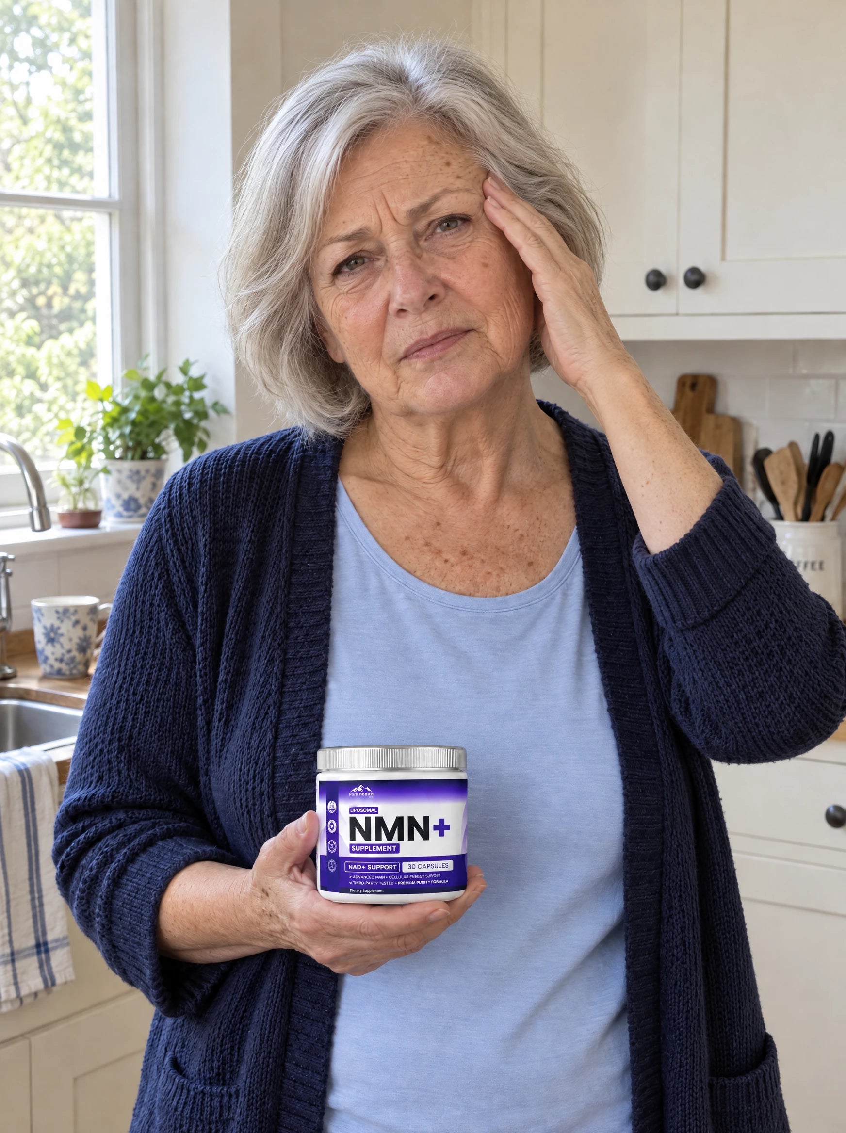 An older woman holding PHM NMN+ and pressing her temple with a weary expression