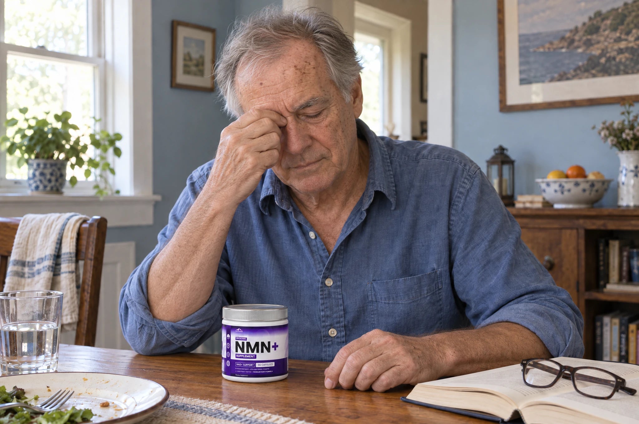 An older man rubbing his brow over an open book, with glasses and PHM NMN+ on the table