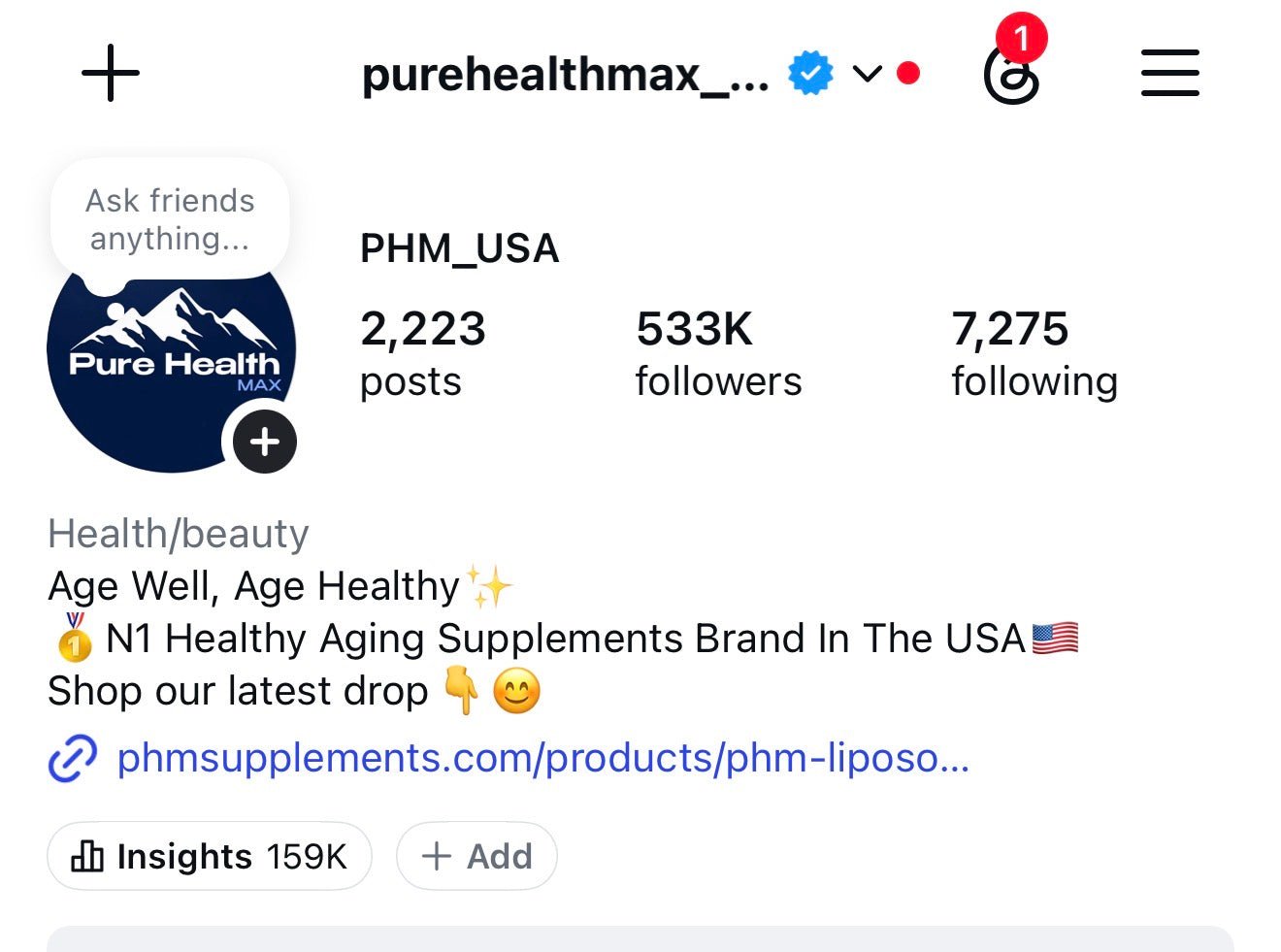Actual purehealthmax_usa Instagram profile showing 533k followers