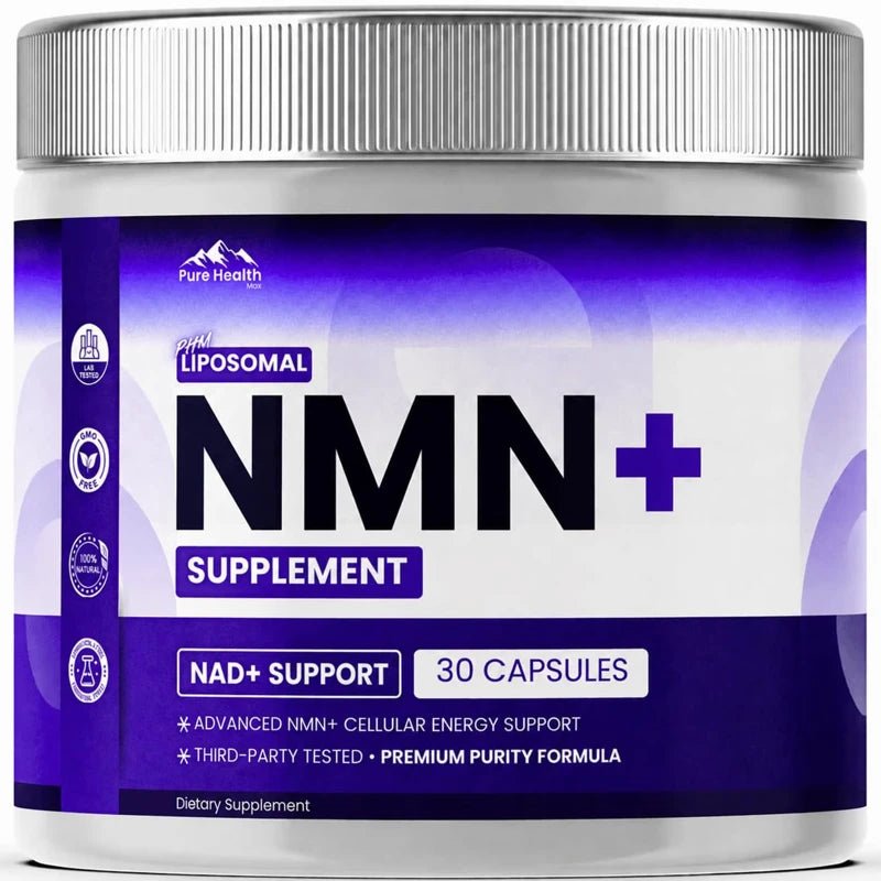 Actual PHM Liposomal NMN+ jar with its purple-and-white label and silver cap