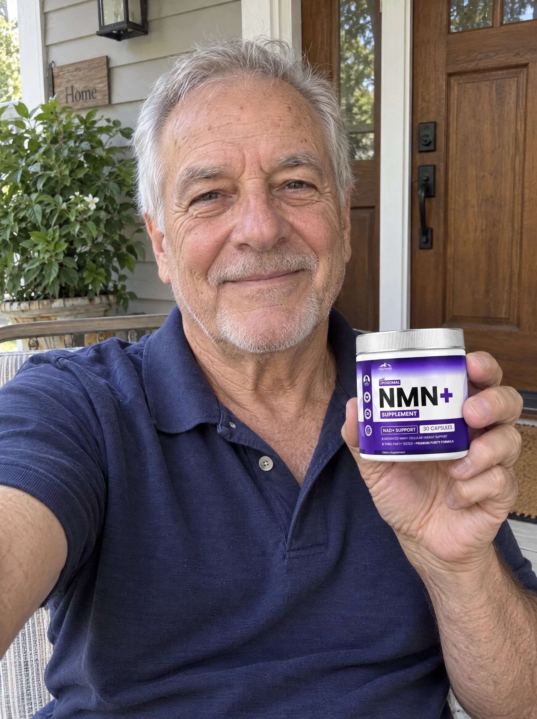 AI-generated phone selfie of a man in his seventies holding PHM NMN+ on his porch
