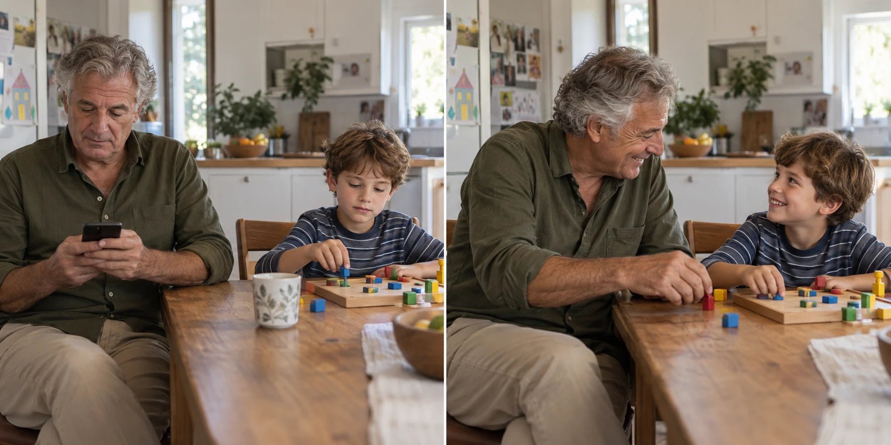 AI-created comparison: the same older grandfather distracted by his phone, then joining his grandson in a tabletop game
