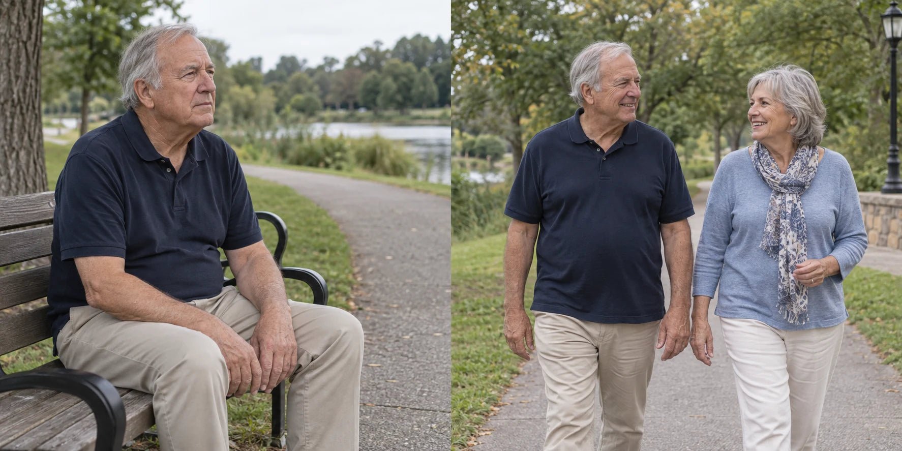AI-created comparison: the same older man sitting alone on a park bench, then taking a gentle level walk with his older partner