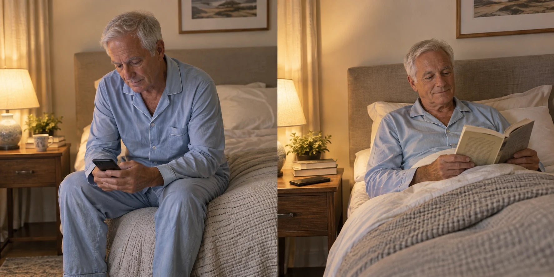 AI-created comparison: the same older man looking at his phone in bed, then reading a book with his phone put aside