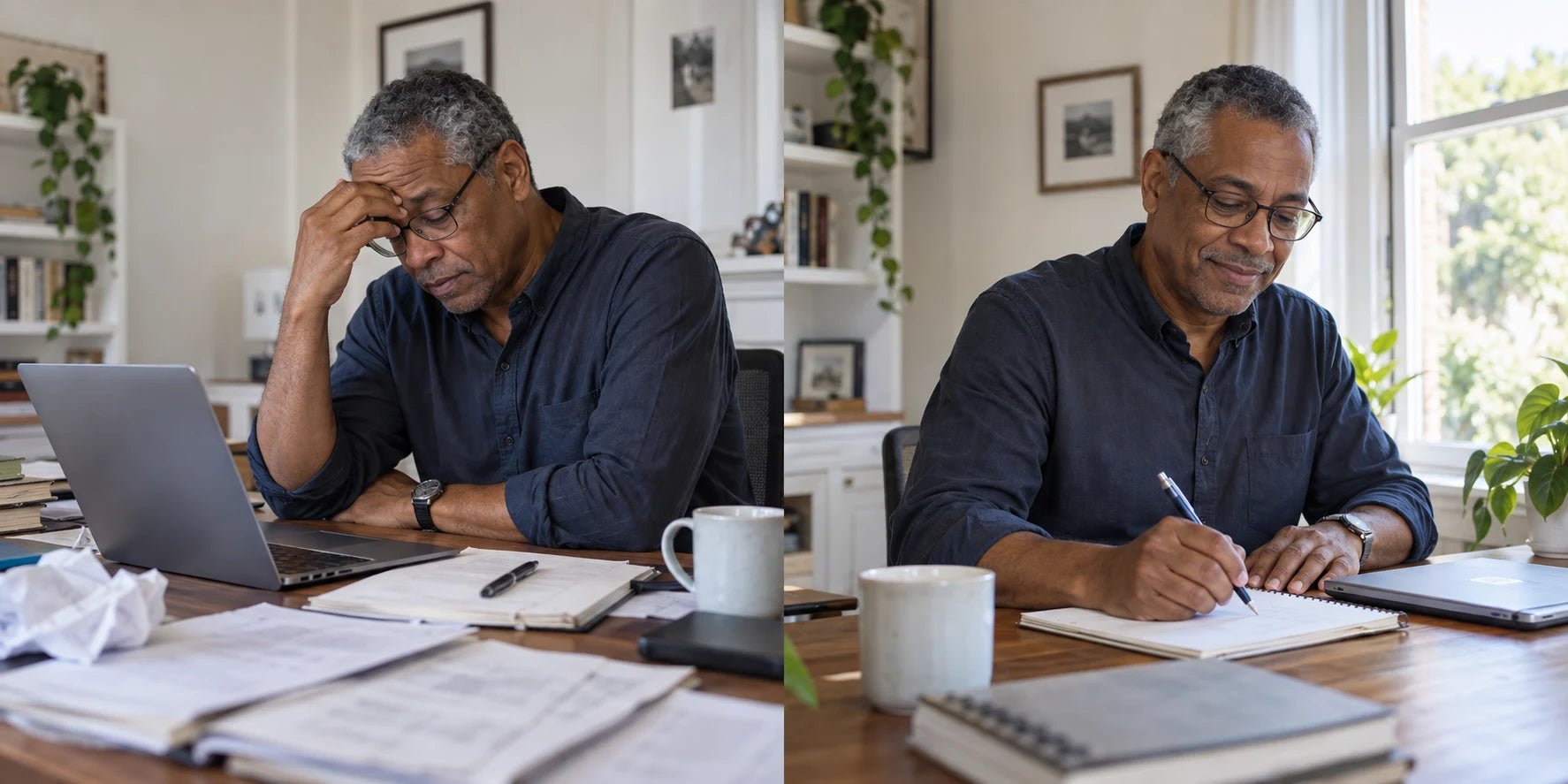 AI-created comparison: the same older man looking weary at a laptop, then calmly writing a short plan at his desk
